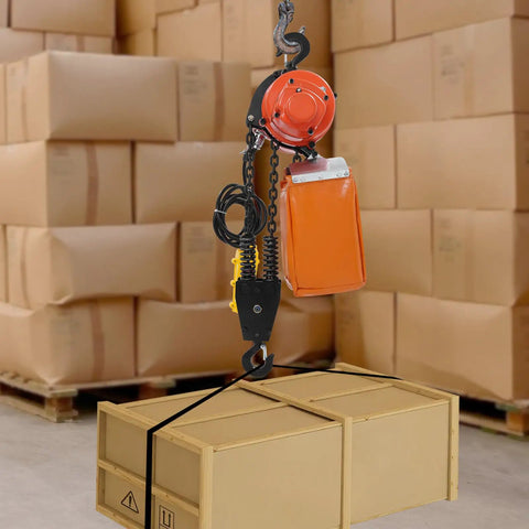 Beefy Electric Chain Hoist Winch With Wireless Remote G80 Steel Chain Double Overhead Crane System 2200 Lbs lifting packages in a warehouse.
