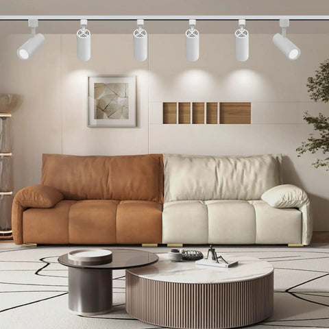Arcfox 15W 4000K LED H Type Track Lighting Heads Dimmable fixture in modern living room with sectional sofa and tables