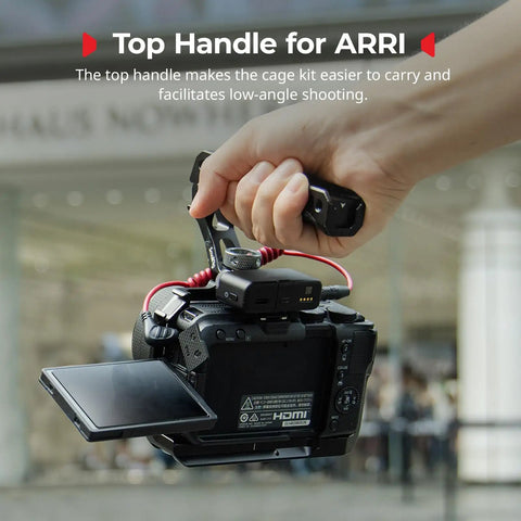 Person holding Camera Cage For Canon R50V Full Cage With Silicone Grip And Top Handle For ARRI HDMI Cable Clamp setup