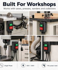 Top Shelf Single Phase Emergency Stop Power Switch With Quick Dual Voltage Control And Heavy Duty Deep Mounting Box For Table Saws Router Tables And Serious Woodworking Gear, installed on various woodworking machines.