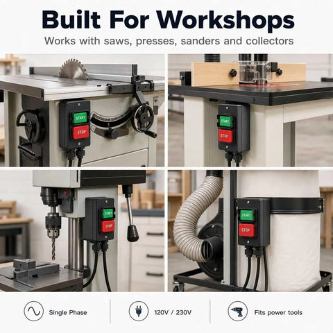 Top Shelf Single Phase Emergency Stop Power Switch With Quick Dual Voltage Control And Heavy Duty Deep Mounting Box For Table Saws Router Tables And Serious Woodworking Gear, installed on various woodworking machines.