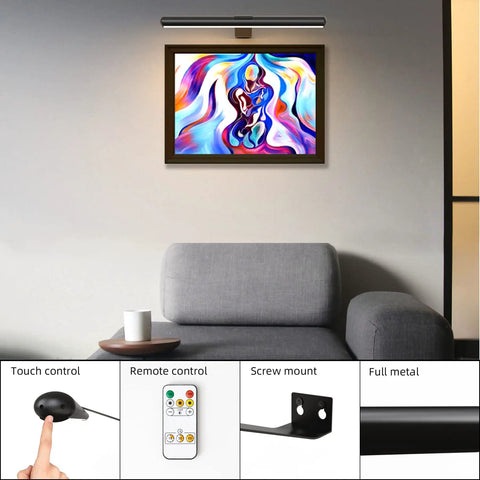 Rechargeable Magnetic LED Picture Light With Remote Dimmable Wall Art Lighting accenting colorful artwork above a sofa