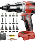 Cordless Rivet Nut Tool Kit With Auto And Manual Modes, 18V Brushless Rivet Nut Gun, 6 Mandrels For M6 M8 M10 And 1/4-20 5/16-18 3/8-16, Tool Only, Battery Not Included, Heavy Duty For Auto And DIY Projects in red with accessories displayed