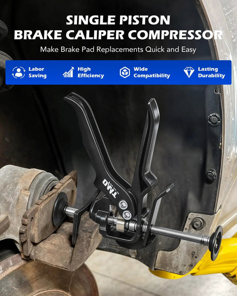 Speedy Brake Caliper Compressor For Quick Pad Replacement, heavy-duty tool retracting single piston on vehicle brake caliper