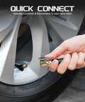 Locking Brass Tire Air Chuck With Quick Connect Adapter For Schrader Valves being connected to a car tire, 1/4 Inch NPT