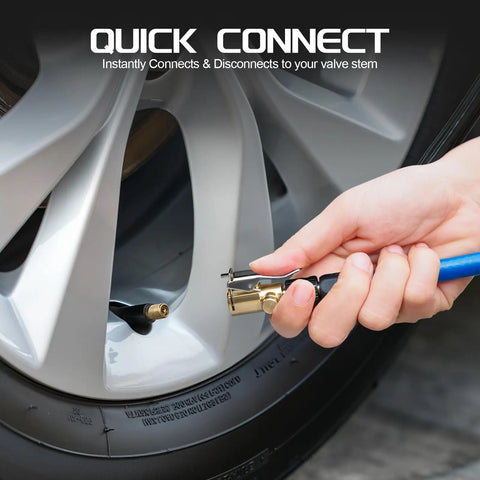 Locking Brass Tire Air Chuck With Quick Connect Adapter For Schrader Valves being connected to a car tire, 1/4 Inch NPT