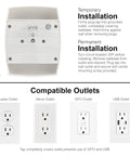 Six Outlet Wall Tap Extender Grounded Adapter installation instructions with compatible outlet types including duplex and USB.