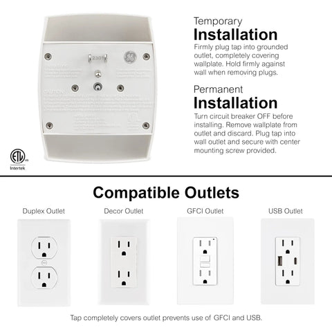 Six Outlet Wall Tap Extender Grounded Adapter installation instructions with compatible outlet types including duplex and USB.