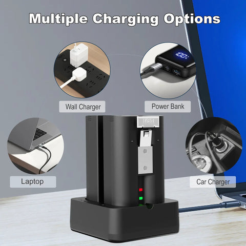 Heavy Duty Rechargeable Battery For Ring Doorbell Camera 2 Pack 7200mAh charging options displayed with wall, car, laptop, and power bank.