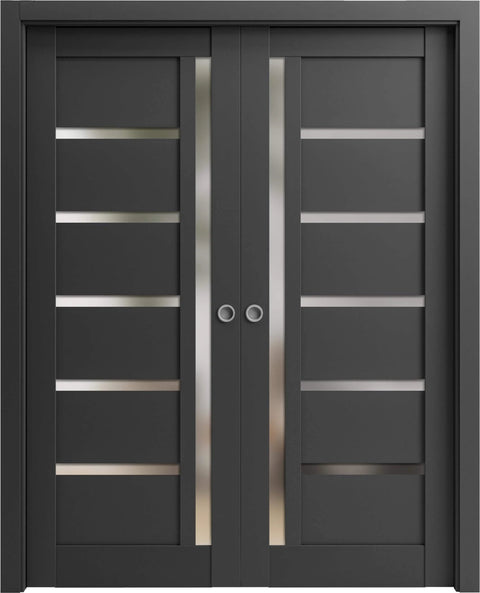 Quadro 4088 Interior French Double Pocket Doors With Frosted Glass In Black MDF 48x80 Modern Style Doors Include All Hardware