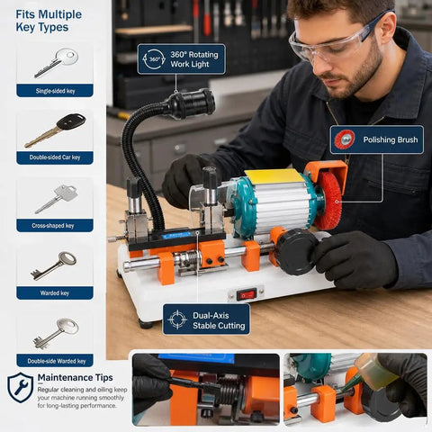 Image of Key Cutting Machine Duplicator For Precise Manual Key Copying in workshop, showing dual-axis stabilized guide with tools.