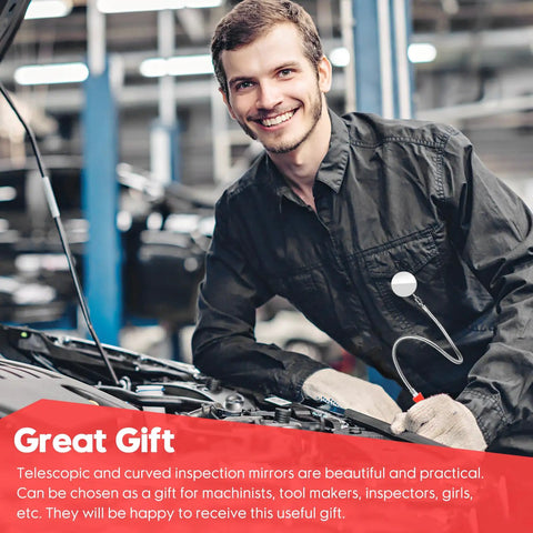 Mechanic using Two Pack Pro Grade Flexible Inspection Mirror Set With 360 Degree Rotation Bendable Square And Circular Mirrors in red handle.