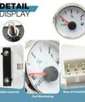 Boat Gas Tank Fuel Level Gauge 73-10 Ohm Waterproof 52mm White Display With Night Light Universal 9-32V DC Marine RV Yacht Motorcycle Automotive Meter For Real Time Fuel Readouts, front view