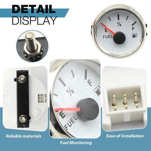Boat Gas Tank Fuel Level Gauge 73-10 Ohm Waterproof 52mm White Display With Night Light Universal 9-32V DC Marine RV Yacht Motorcycle Automotive Meter For Real Time Fuel Readouts, front view
