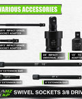 Various accessories of Three Eighth Inch Drive Impact Socket Set With 52 Pieces SAE And Metric Deep And Shallow 6 Point Sockets
