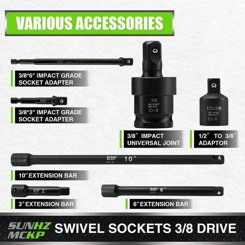Various accessories of Three Eighth Inch Drive Impact Socket Set With 52 Pieces SAE And Metric Deep And Shallow 6 Point Sockets