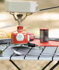 Alpine Long Camping Spoon With Jet And Cable Tool for Stoves Stainless Steel Build on camping table by gas stove