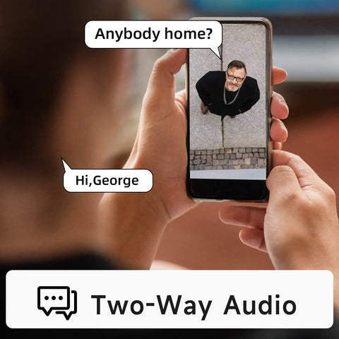 No Fuss Solar Security Camera Outdoor Wireless showing two-way audio feature on phone screen, person visible at door.