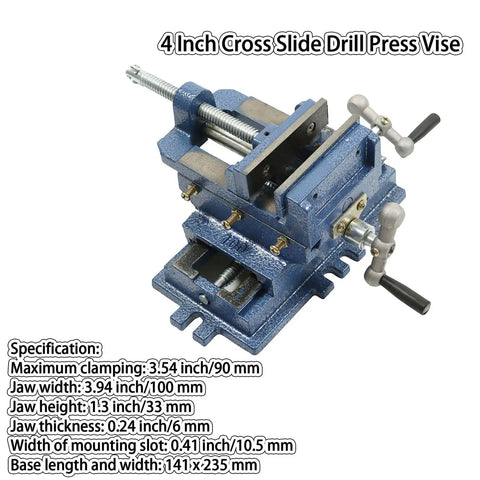 Rock Solid Cast Iron Cross Slide Vise Delivering Sick X Y Compound Glide For Your Drill Press And CNC Milling Rig No Sweat Heavy Duty 4 Inch Benchtop Clamp In Blue, showing detailed specifications.
