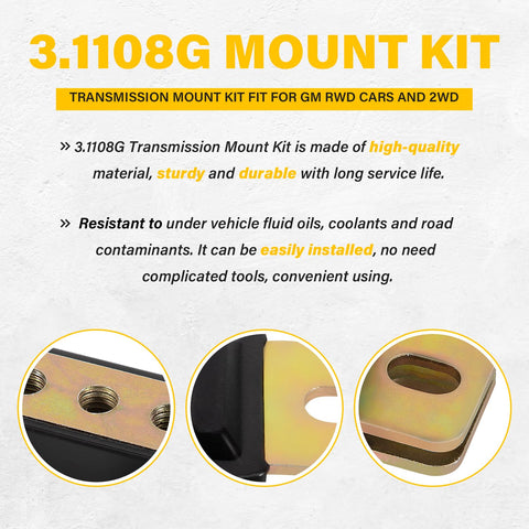 Beefy Heavy Duty Transmission Mount Bracket Kit For GM RWD Cars And 2WD Trucks Chevy Turbo Ready Replacement For TH350 TH400 And 700R4 Trans Mount Dampens Vibration Without Slacking Built Rugged For Street Easy Install 3.1108G steel mount