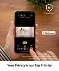 Person holding smartphone displaying live feed from Indoor Security Camera 1080P Pan Tilt IP Camera With Night Vision and Two Way Audio Ideal for Home Security Baby Monitor and Pet Watching Works With Apple HomeKit.