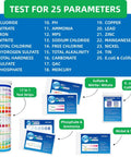Hella Reliable Heavy Duty Home Drinking Water Test Kit 25 In 1 With 165 Quick Strips showing parameters for water testing.