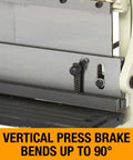 Close-up of 30-Inch Shear Brake Roll's vertical press brake, capable of 90 degree bends for metal fabrication.
