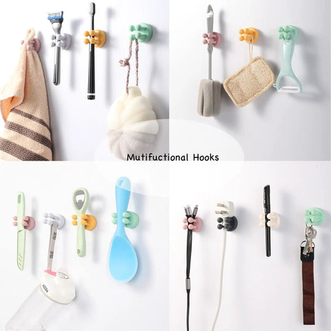 Four Pack Self Adhesive Silicone Toothbrush Holders Wall Mounted Mirror Hooks with various bathroom items hanging on them