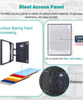 Rock Solid Invisible Drywall Access Panel Kit Featuring Slick Steel Build And Effortless Press To Pop Opening For Concealing Pipes Cables And Utility Wall Coverage with opened view and color options.