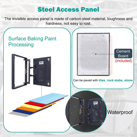 Rock Solid Invisible Drywall Access Panel Kit Featuring Slick Steel Build And Effortless Press To Pop Opening For Concealing Pipes Cables And Utility Wall Coverage with opened view and color options.