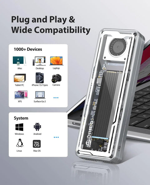 Kickass 40Gbps M.2 NVMe SSD Enclosure Featuring Active Cooling Fan No Hassle Aluminum Crystal Body For 2280 Drives with fan.