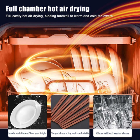 Portable Countertop Dishwasher With Four Wash Cycles And Hot Air Dry showcasing hot air drying plates, chopsticks, and clear glasses.
