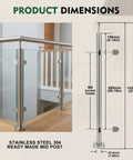 Glass Stair Railing Post System With Stainless Steel 304 Construction showing dimensions and installation in a modern interior.