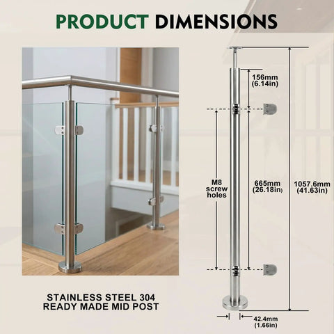 Glass Stair Railing Post System With Stainless Steel 304 Construction showing dimensions and installation in a modern interior.