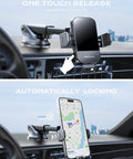 Fast Slick Wireless Car Charger with Auto Clamp and 15W Max Fast Charging Car Mount showing one touch release and automatic locking on dash.