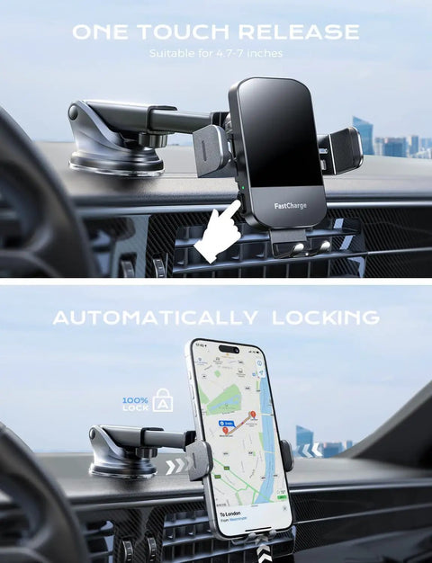 Fast Slick Wireless Car Charger with Auto Clamp and 15W Max Fast Charging Car Mount showing one touch release and automatic locking on dash.