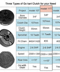 Chart comparing three types of go-kart clutches focusing on 5/8 Bore Clutch For Go Karts And Mini Bikes With 35 Chain And 11-Tooth Sprocket.
