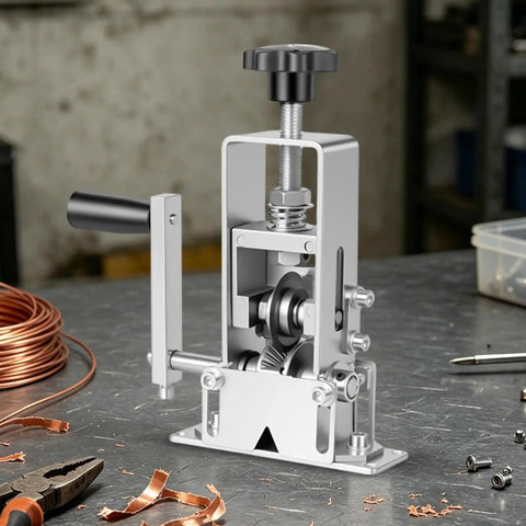 Heavy Duty Drill Powered Wire Stripper Machine With Manual Hand Crank Option For Efficient Copper Recovery And Scrap Cable Processing Small Portable Peeler Tool on a workbench.