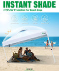 10x10 Pop Up Canopy Tent With One Push Instant Setup featuring vented top, UV sun shield, and waterproof design, at the beach.