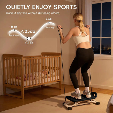 Woman using Badass Ski Balance Trainer For Home Gyms With Digital Lcd Panel in a quiet room by a crib.