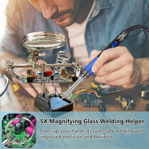 Person using All In One 100W Soldering Iron Kit With LCD Temperature Display, Adjustable Heat, Magnifying Glass, Helping Hands
