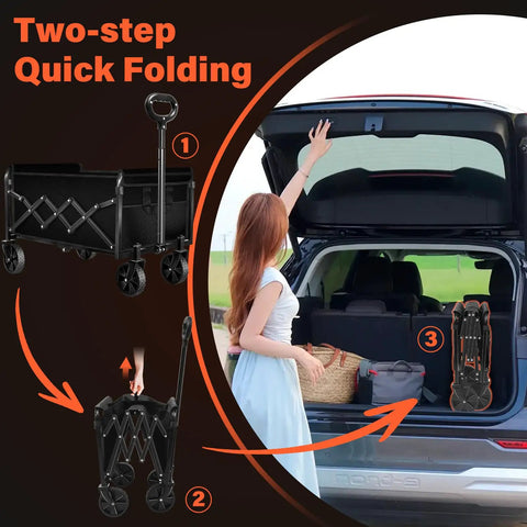 Heavy Duty Folding Wagon Cart With Wheels For All Terrain Use Portable Collapsible Grocery Shopping Utility Wagon With 360 Lbs Capacity shown folded in car trunk