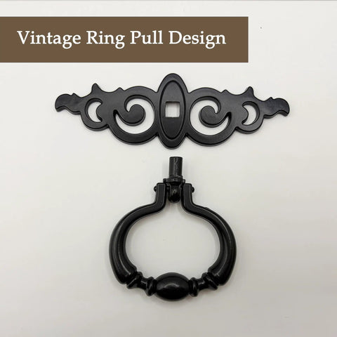 Top Shelf Vintage Black Ring Pull Handles For Kitchen Cabinets And Dressers Solid Zinc Alloy Build featuring ornate decorative backplates.
