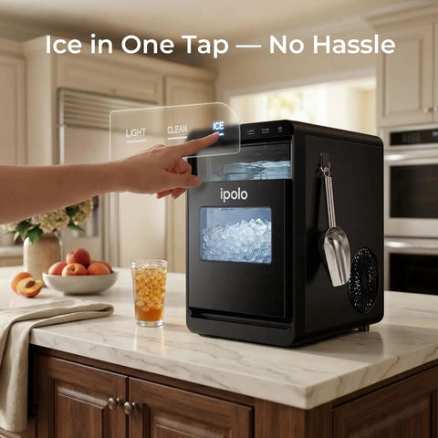 Nugget Ice Maker For Countertop With 44 Lb Per Day Capacity Self Cleaning Black Stainless Steel Portable Ice Machine in kitchen setting.