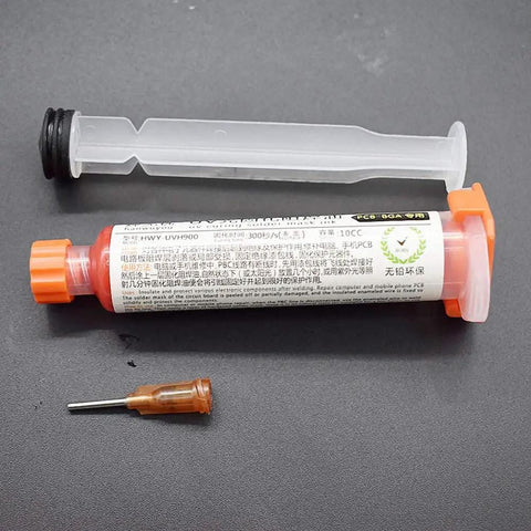 Red UV Solder Mask Kit 10Ml With 1 Needle And Push Tool for PCB, showing syringe and application needle.