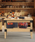 Heavy Duty 3 Way Workbench Corner Bracket Kit For Garage Legs Fits 2x4 Wood Actual One Point Five By Three Point Five Inches Durable Metal DIY Kit For Shelving And Work Tables Rust Resistant 8 Pcs Set installed on wooden workbench in garage with tools