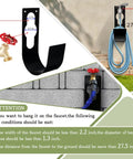 Diagram showing Heavy Duty Wall Mount Hose Holder for Garden Hoses with installation instructions and size guide next to a tap.