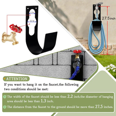 Diagram showing Heavy Duty Wall Mount Hose Holder for Garden Hoses with installation instructions and size guide next to a tap.