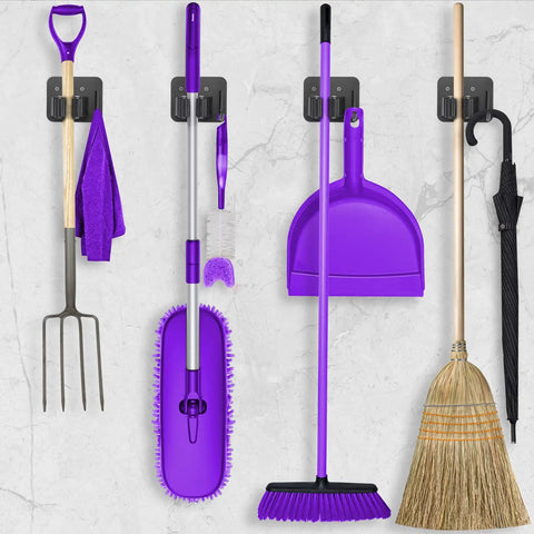 Stainless Steel Broom Holder With Four Grippers And Four Hooks Heavy Duty Wall Mount Organizer For Mop Broom Tools Rust Resistant SUS304 Black Finish For Home Garage Kitchen holding cleaning tools