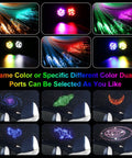 20W Dual Head Fiber Optic Lights Kit With RGBW Twinkle Heads, displaying star patterns inside a car headliner, various color options shown